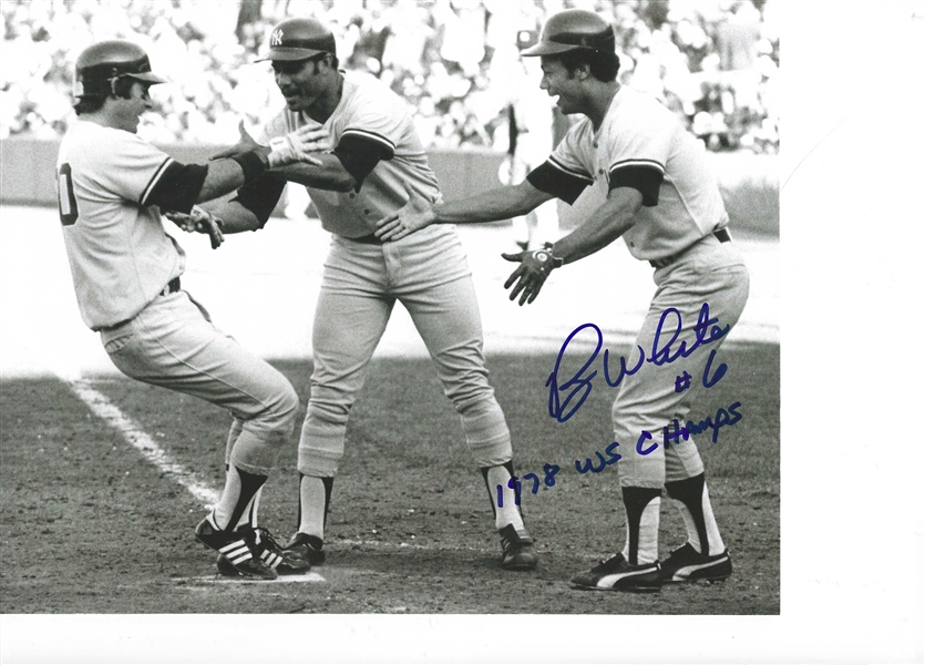 NEW YORK YANKEES ROY WHITE SIGNED B/W 8X10 PHOTO WITH 1978 WS CHAMPS #6 INSCRIPTION