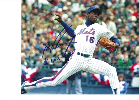 NEW YORK METS DWIGHT "DOC " GOODEN SIGNED 8X10 PITCHING PHOTO WITH 86 WS CHAMPS INSCRIPTION 