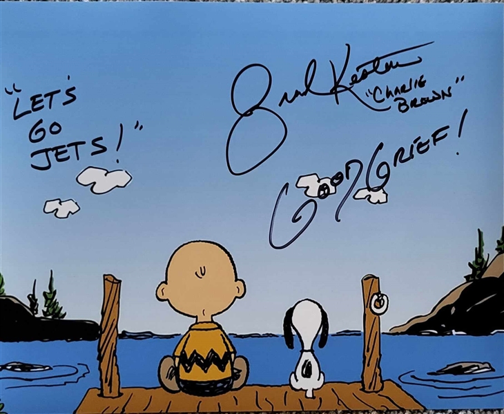 Peanuts Charlie Brown & Snoopy Sitting On The Dock 8x10 Photo Signed By Brad Kesten Good Grief -Lets Go Jets 