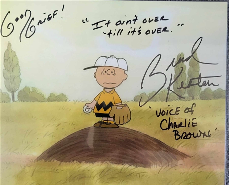 Peanuts 8x10 Charlie Brown On Mound Signed By The Voice Of Charlie Brown Brad Keston With Inscriptions Good Grief & It Aint Over Till Its Over