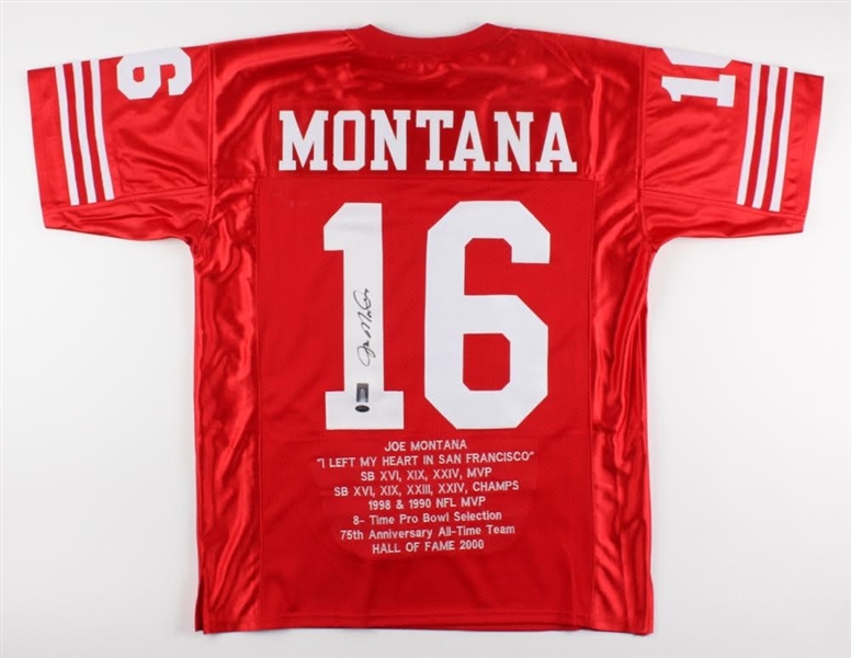Joe Montana Signed 49ers Career Highlight Stat Jersey (FSC COA & Montana Hologram)