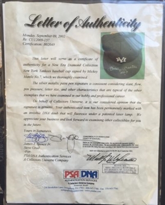 MICKEY MANTLE Signed Ins #7 New Era AUTHENTIC Yankees Hat Mint Autograh, Psa Dna