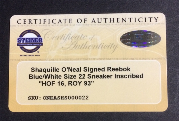 Shaquille O'Neal Signed Shaq Size 22 Sneaker Auto Ins. HOF 16 & ROY 93. Steiner COA