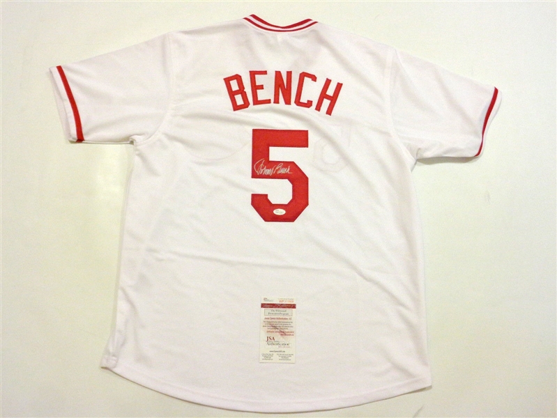 JOHNNY BENCH Signed Reds White Jersey JSA No Reserve