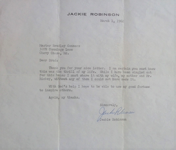 Jackie Robinson Hand Signed Personal Response Letter from 1962 (Auto is a 8-10!) JSA LOA