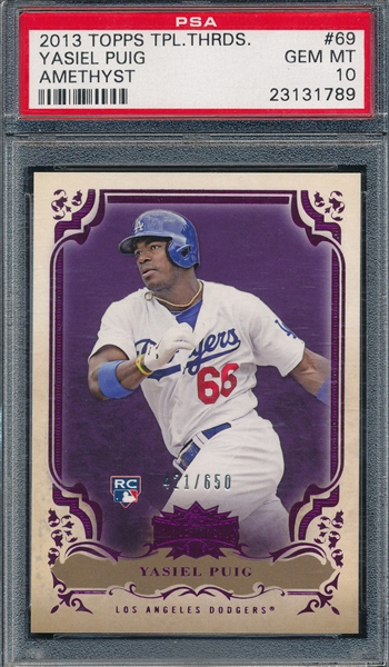 DODGERS STAR YASIEL PUIG 2013 TOPPS TRIPLE THREADS PURPLE W/FOIL RC PSA 10 GEM MINT /650 NR