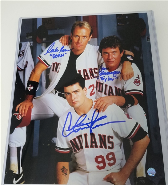 Charlie Sheen  Tom Berenger "Taylor" & Corbin Bernsen "Dorn" Triple Signed 8x10 Major League Movie Photo