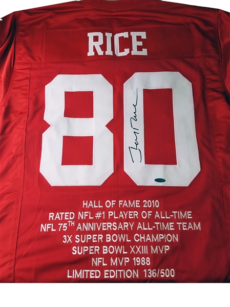 Jerry Rice Autographed 49ers Custom Red STAT Jersey MLB Authenticity
