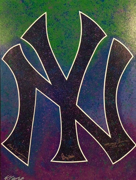 NY Yankees Historic Logo Original Fine Art Painting by Renowned Artist Bill Lopa Signed by 3 Ex Yankees So Far