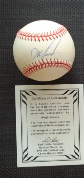Dwight "Doc" Gooden Yankees Mets Signed Rawlings OML Baseball Scoreboard COA No Reserve