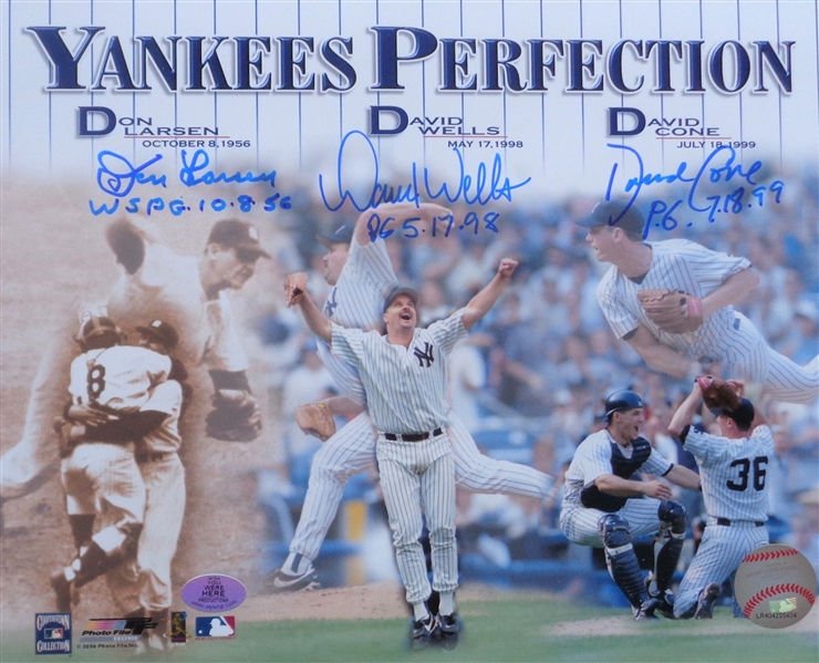 Yankees 3 Perfect Game Pitchers Larsen Wells Cone Signed w/PG Date Inscrips 8x10 Photo WYWHP Certified NO RESERVE