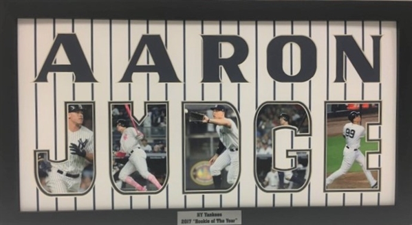 Aaron Judge Yankees 2017 Rookie of the Year Framed Cut Out Letters with Action Photos in them