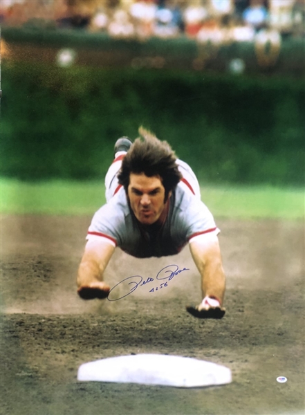 Pete Rose Signed Sliding in the air to Base Huge 30x40" photo w/4156 inscription PSA certified 