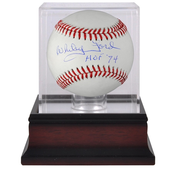 Whitey Ford New York Yankees Autographed Baseball with "HOF 74" Inscription and Mahogany Baseball Display Case