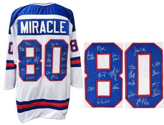 1980 USA Hockey Miracle On Ice Team Signed USA White Custom #80 Throwback Hockey Jersey (18 - Sigs)