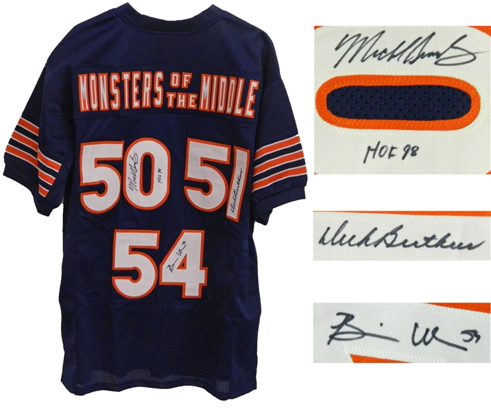 Dick Butkus, Mike Singletary, Brian Urlacher Signed Navy Custom Monsters of the Middle Football Jersey