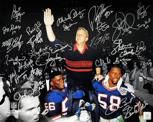 New York Giants Super Bowl XXI / XXV Team Signed Bill Parcells Carried Off Field Spotlight 16x20 Photo (29 Sigs)