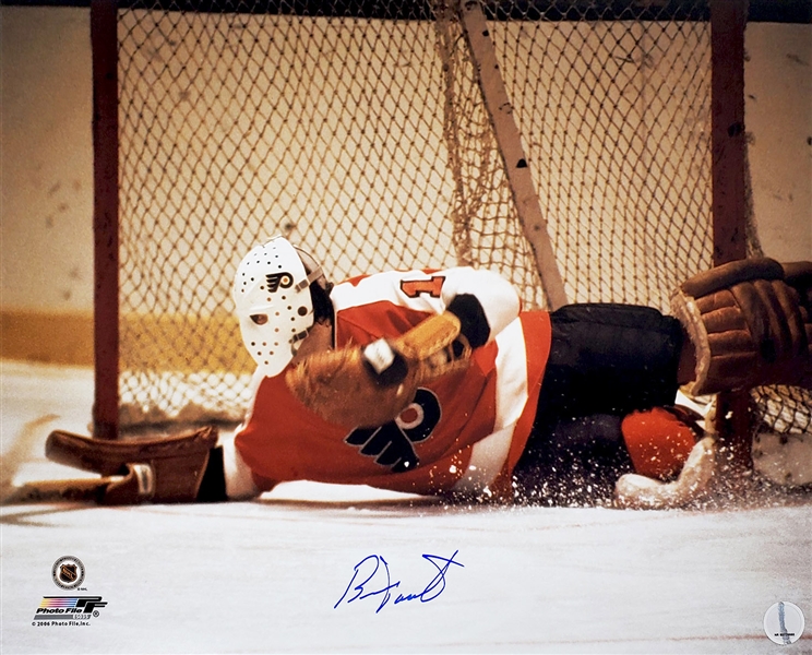 Bernie Parent Signed Philadelphia Flyers Goalie Diving Save Action 16x20 Photo