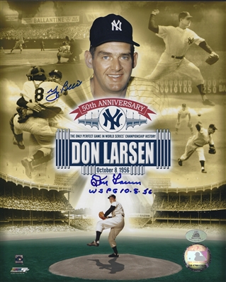 New York Yankees Yogi Berra & Don Larsen Dual Signed 8x10 Photo With WS PG 10-8-56 Inscription 