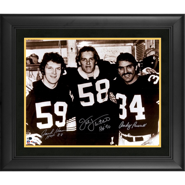 Jack Ham, Andy Russell and Jack Lambert Pittsburgh Steelers Framed Autographed 16" x 20" Photograph with HOF 88 & HOF 90 Inscriptions