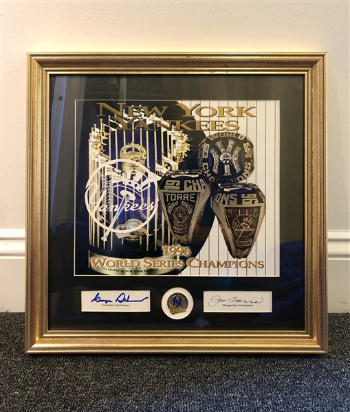1996 Yankee World Championship Ring print w original World Series Press pin mounted between George Steinbrenner & Joe Torre, original autographs.