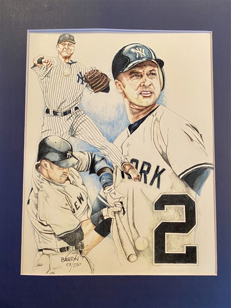 New York Yankees Derek Jeter Fine Art Lithograph # 58/250 Hand Signed By Artist Brian Barton. 14x18”matted.