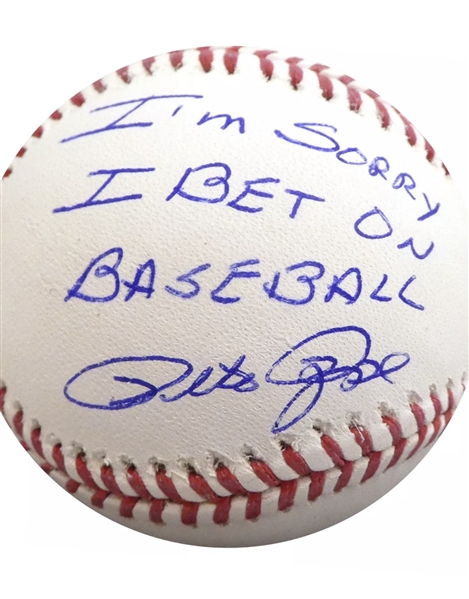 REDS PETE ROSE SIGNED BASEBALL WITH THE INSCRIPTION SORRY I BET ON BASEBALL