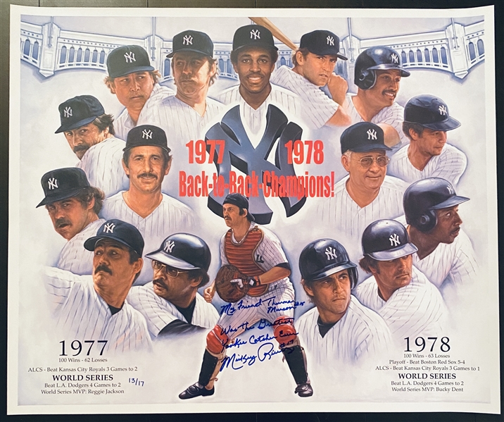 New York Yankees 77-78 Back To Back Champions Lithograph Signed By Mickey Rivers With The Inscription - My Friend Thurman Munson Was The Greatest Yankee Catcher Ever LE 13/17 