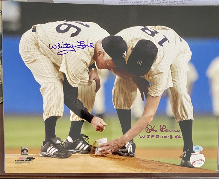 New York Yankees Whitey Ford & Don Larsen Dual Signed 11x14 Photo Picking Up Dirt On The Mound At Yankee Stadium