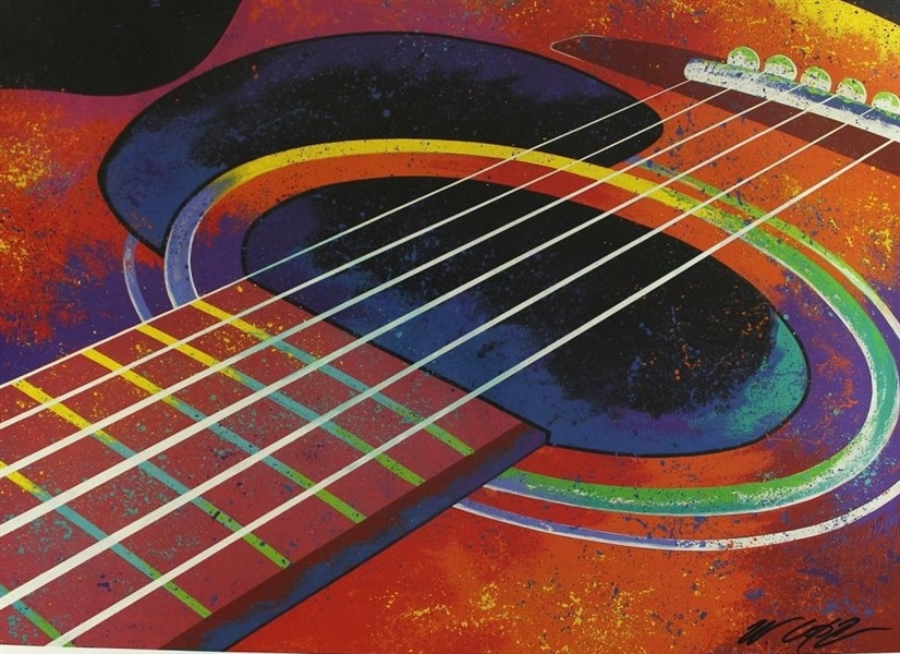 Fine art lithograph of a Guitar done by renowned sports artist Bill Lopa 36x24"