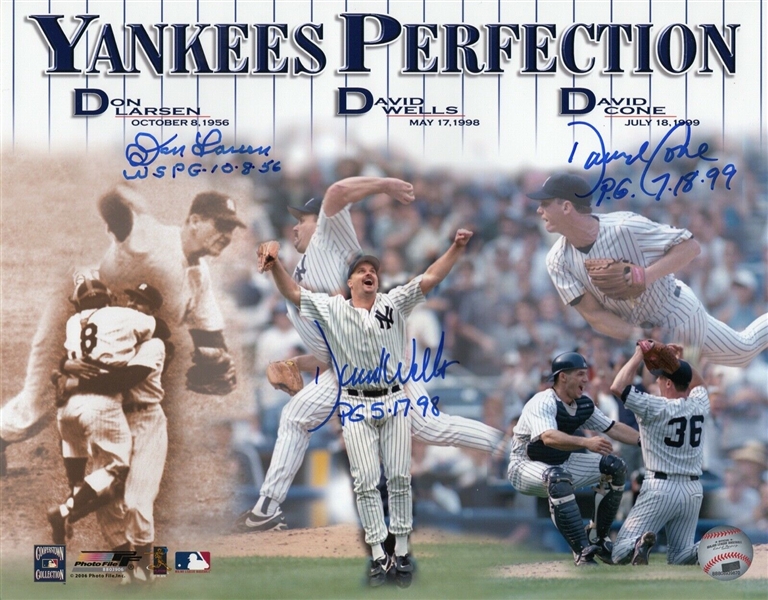 Don Larsen, David Wells and David Cone New York Yankees Signed Inscribed 11x14 Photo