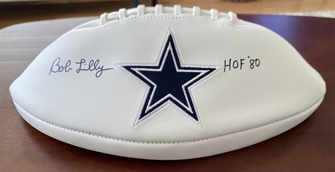 Dallas Cowboys Bob Lilly Signed Logo Football With HOF 80 Inscription