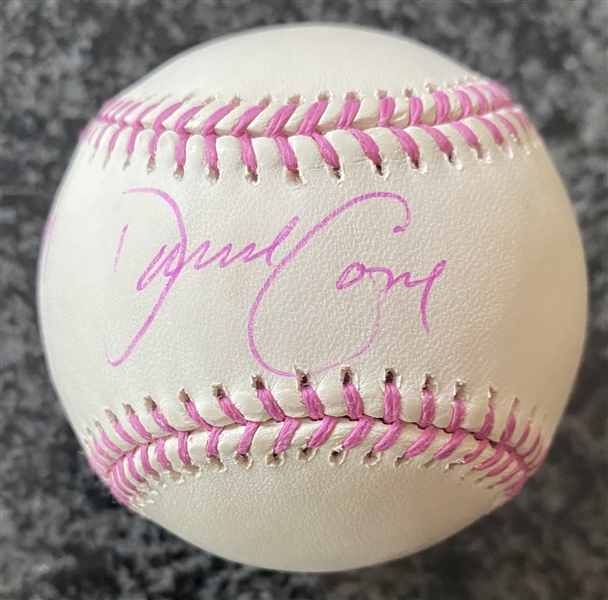 Official Pink Thread MLB Baseball Signed By Dave Cone In Pink With Happy Birthday Inscription On Side Panel.