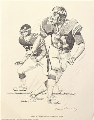 NEW YORK JETS GREG BUTTLE PENCIL DRAWING SIGNED BY THE ARTIST NICK GALLOWAY