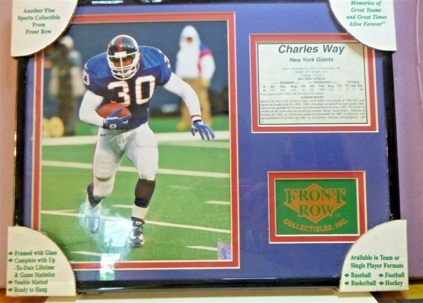 NEW YORK GIANTS CHARLES WAY UNSIGNED DOUBLE MATTED PHOTO COLLAGE FRAMED