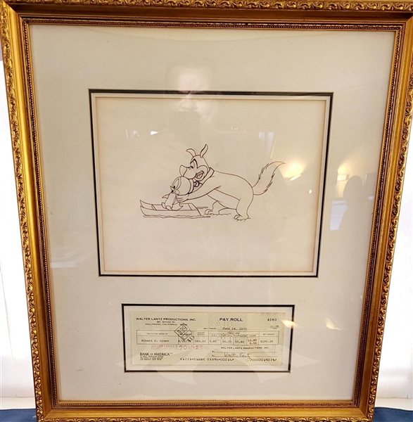 ORIGINAL PENCIL DRAWING OF CHILLY WILLY & SMEDLEY WITH A SIGNED CHECK BY WALTER LANTZ FRAMED  