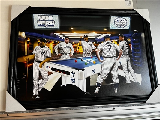 NEW YORK YANKEES UNSIGNED POOL TABLE COLLAGE ON CANVAS FRAMED 