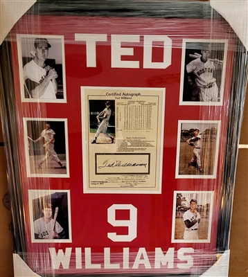 BOSTON REDSOX TED WILLIAMS SIGNED STAT SHEET COLLAGE FRAMED 
