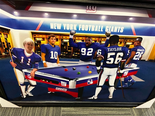 NEW YORK GIANTS UNSIGNED POOL TABLE LOCKER ROOM FRAMED COLLAGE ON CANVAS 38"X27"