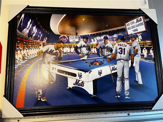 NEW YORK METS UNSIGNED POOL TABLE LOCKER ROOM COLLAGE ON CANVAS FRAMED 38"X27"