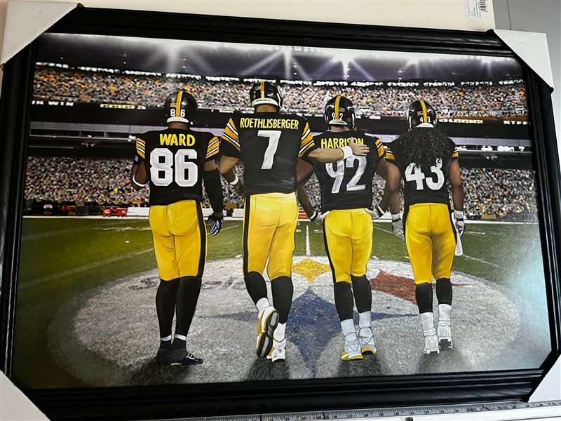 PITTSBURGH STEELERS BIG 4 UNSIGNED COLLAGE ON CANVAS FRAMED 38"X27"