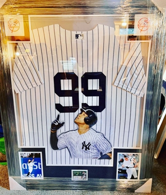 NY Yankees Aaron Judge Signed Card & Hand Painted Pinstripe Jersey By World Renowned Artist Doo S.