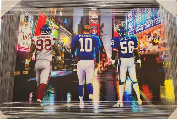 NEW YORK GIANTS UNSIGNED COLLAGE ON CANVAS FRAMED 38" x 27"