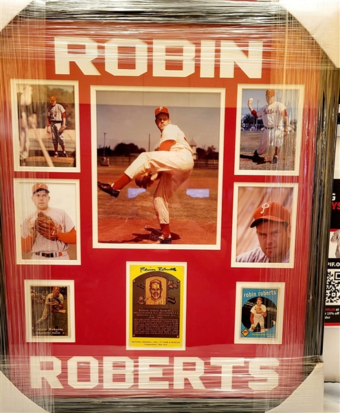 Phillies Robin Roberts Signed HOF Card Collage Framed 22"x 27"