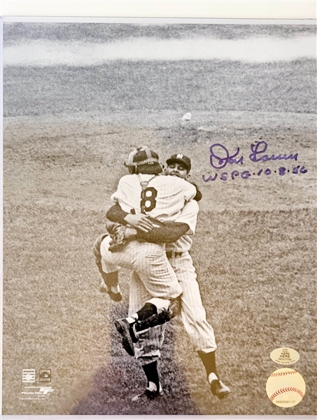 New York Yankees Don Larsen Signed B&W 8x10 Hug Photo With WS PG 10-8-56 Inscription