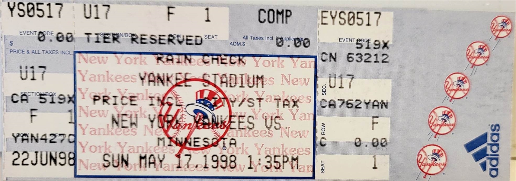 New York Yankees David Wells Unsigned Perfect Game Ticket 5-17-98