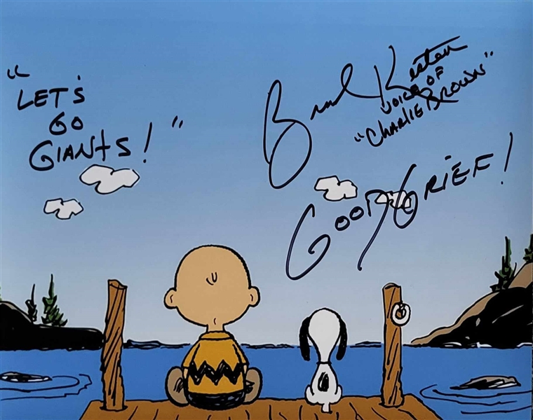 Peanuts Charlie Brown & Snoopy Sitting On The Dock Signed By The voice Of Charlie Brown Brad Kesten With Inscription Lets Go Giants 