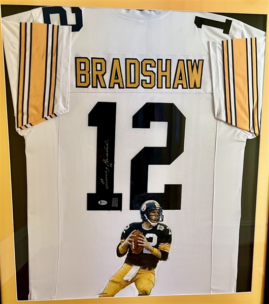 Pittsburgh Steelers Terry Bradshaw Signed White Jersey And Hand Painted Original By Artist Doo S Oh Framed-Beckett Hologram 