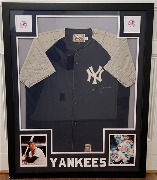 New York Yankees Mickey Mantle Signed Mirage Cooperstown Collection Jersey With No.7 Inscription Framed  -JSA Full Letter 