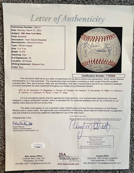 New York Mets 1991 Team Signed Unofficial Diamond China Baseball-JSA Full Letter-28 Signatures